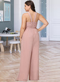 Charity Jumpsuit/Pantsuit High Neck Floor-Length Chiffon Bridesmaid Dress With Pleated UKP0016556