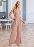 Charity Jumpsuit/Pantsuit High Neck Floor-Length Chiffon Bridesmaid Dress With Pleated UKP0016556