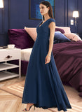 Karli A-line V-Neck Floor-Length Chiffon Bridesmaid Dress With Ruffle UKP0016557