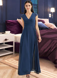 Karli A-line V-Neck Floor-Length Chiffon Bridesmaid Dress With Ruffle UKP0016557