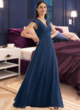 Karli A-line V-Neck Floor-Length Chiffon Bridesmaid Dress With Ruffle UKP0016557