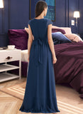 Karli A-line V-Neck Floor-Length Chiffon Bridesmaid Dress With Ruffle UKP0016557