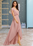 Eloise A-Line V-neck Asymmetrical Chiffon Bridesmaid Dress With Split Front UKP0016558