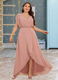 Eloise A-Line V-neck Asymmetrical Chiffon Bridesmaid Dress With Split Front UKP0016558