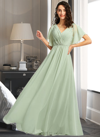 Paris A-line V-Neck Floor-Length Chiffon Bridesmaid Dress With Ruffle UKP0016559