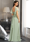 Paris A-line V-Neck Floor-Length Chiffon Bridesmaid Dress With Ruffle UKP0016559