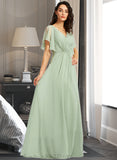 Paris A-line V-Neck Floor-Length Chiffon Bridesmaid Dress With Ruffle UKP0016559