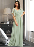 Paris A-line V-Neck Floor-Length Chiffon Bridesmaid Dress With Ruffle UKP0016559