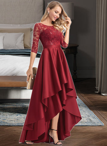 Mareli A-Line Scoop Neck Asymmetrical Satin Lace Bridesmaid Dress With Sequins UKP0016560