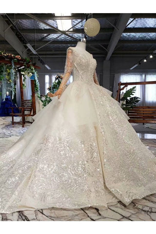 Ball Gown Wedding Dresses Scoop Long Sleeves Top Quality Appliques Tulle Beading