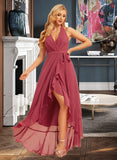 Giselle A-line Halter Asymmetrical Chiffon Bridesmaid Dress With Ruffle UKP0016561