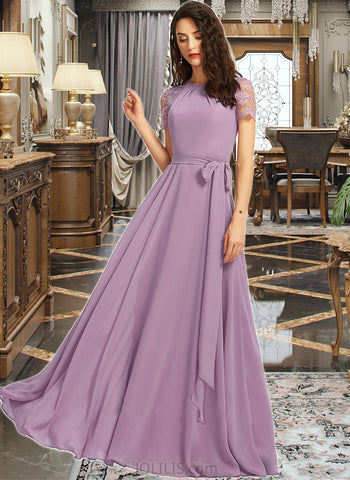 Alexia A-Line Scoop Neck Floor-Length Chiffon Lace Bridesmaid Dress UKP0016568