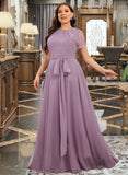 Alexia A-Line Scoop Neck Floor-Length Chiffon Lace Bridesmaid Dress UKP0016568