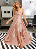 Clare A-line V-Neck Asymmetrical Satin Bridesmaid Dress With Ruffle UKP0016569