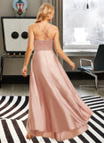 Clare A-line V-Neck Asymmetrical Satin Bridesmaid Dress With Ruffle UKP0016569