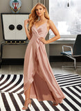 Clare A-line V-Neck Asymmetrical Satin Bridesmaid Dress With Ruffle UKP0016569