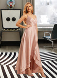 Clare A-line V-Neck Asymmetrical Satin Bridesmaid Dress With Ruffle UKP0016569