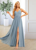 Carlie A-Line V-neck Floor-Length Chiffon Bridesmaid Dress With Split Front UKP0016575