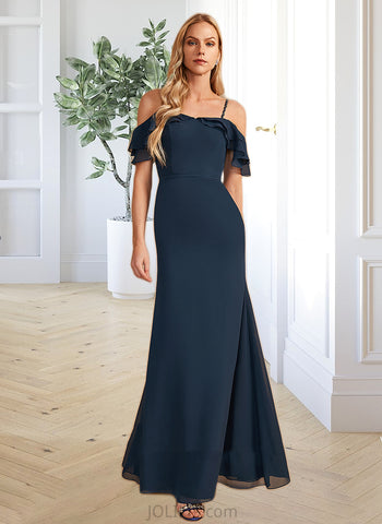 Dixie Sheath/Column Off-the-Shoulder Floor-Length Chiffon Bridesmaid Dress With Ruffle Beading UKP0016578