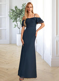 Dixie Sheath/Column Off-the-Shoulder Floor-Length Chiffon Bridesmaid Dress With Ruffle Beading UKP0016578