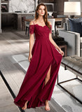 Winnie A-line V-Neck Floor-Length Chiffon Lace Bridesmaid Dress UKP0016579