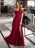 Winnie A-line V-Neck Floor-Length Chiffon Lace Bridesmaid Dress UKP0016579