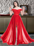 Kaitlyn A-Line Off-the-Shoulder Sweep Train Chiffon Charmeuse Bridesmaid Dress With Ruffle Split Front UKP0016581