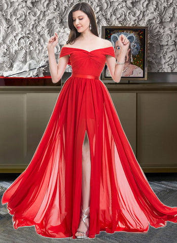 Kaitlyn A-Line Off-the-Shoulder Sweep Train Chiffon Charmeuse Bridesmaid Dress With Ruffle Split Front UKP0016581