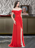 Kaitlyn A-Line Off-the-Shoulder Sweep Train Chiffon Charmeuse Bridesmaid Dress With Ruffle Split Front UKP0016581