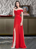 Kaitlyn A-Line Off-the-Shoulder Sweep Train Chiffon Charmeuse Bridesmaid Dress With Ruffle Split Front UKP0016581