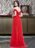 Kaitlyn A-Line Off-the-Shoulder Sweep Train Chiffon Charmeuse Bridesmaid Dress With Ruffle Split Front UKP0016581