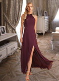 Natalya A-Line High Neck Floor-Length Chiffon Bridesmaid Dress With Split Front UKP0016584