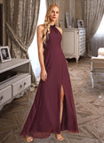 Natalya A-Line High Neck Floor-Length Chiffon Bridesmaid Dress With Split Front UKP0016584