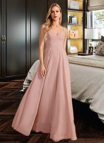 Ellie A-Line V-neck Floor-Length Chiffon Bridesmaid Dress With Lace UKP0016585