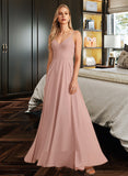 Ellie A-Line V-neck Floor-Length Chiffon Bridesmaid Dress With Lace UKP0016585