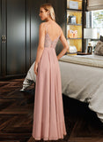 Ellie A-Line V-neck Floor-Length Chiffon Bridesmaid Dress With Lace UKP0016585