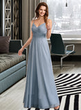 Eleanor A-Line V-neck Floor-Length Tulle Bridesmaid Dress With Lace UKP0016586