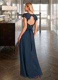 Kailey A-Line V-neck Floor-Length Chiffon Bridesmaid Dress With Lace Split Front UKP0016588