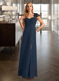 Kailey A-Line V-neck Floor-Length Chiffon Bridesmaid Dress With Lace Split Front UKP0016588