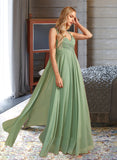 Caitlin A-line V-Neck Floor-Length Chiffon Bridesmaid Dress With Ruffle UKP0016589