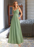 Caitlin A-line V-Neck Floor-Length Chiffon Bridesmaid Dress With Ruffle UKP0016589