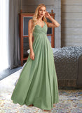 Caitlin A-line V-Neck Floor-Length Chiffon Bridesmaid Dress With Ruffle UKP0016589