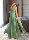 Caitlin A-line V-Neck Floor-Length Chiffon Bridesmaid Dress With Ruffle UKP0016589