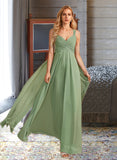 Caitlin A-line V-Neck Floor-Length Chiffon Bridesmaid Dress With Ruffle UKP0016589