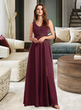 Florence A-Line V-neck Floor-Length Chiffon Bridesmaid Dress With Lace UKP0016591