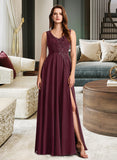 Florence A-Line V-neck Floor-Length Chiffon Bridesmaid Dress With Lace UKP0016591