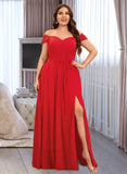 Macie A-Line Off-the-Shoulder Floor-Length Chiffon Bridesmaid Dress With Ruffle Split Front UKP0016594