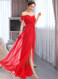 Macie A-Line Off-the-Shoulder Floor-Length Chiffon Bridesmaid Dress With Ruffle Split Front UKP0016594