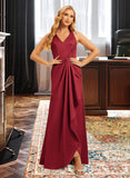 Nancy A-Line V-neck Floor-Length Satin Bridesmaid Dress With Ruffle Split Front UKP0016596