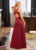 Nancy A-Line V-neck Floor-Length Satin Bridesmaid Dress With Ruffle Split Front UKP0016596